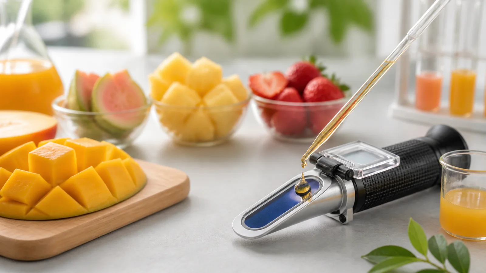 Refractometer dengan sampel cairan buah untuk mengukur Brix