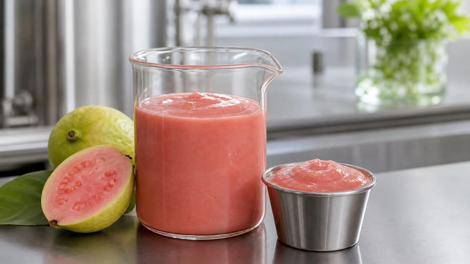 Guava puree dalam mangkuk dengan buah jambu sebagai ilustrasi artikel