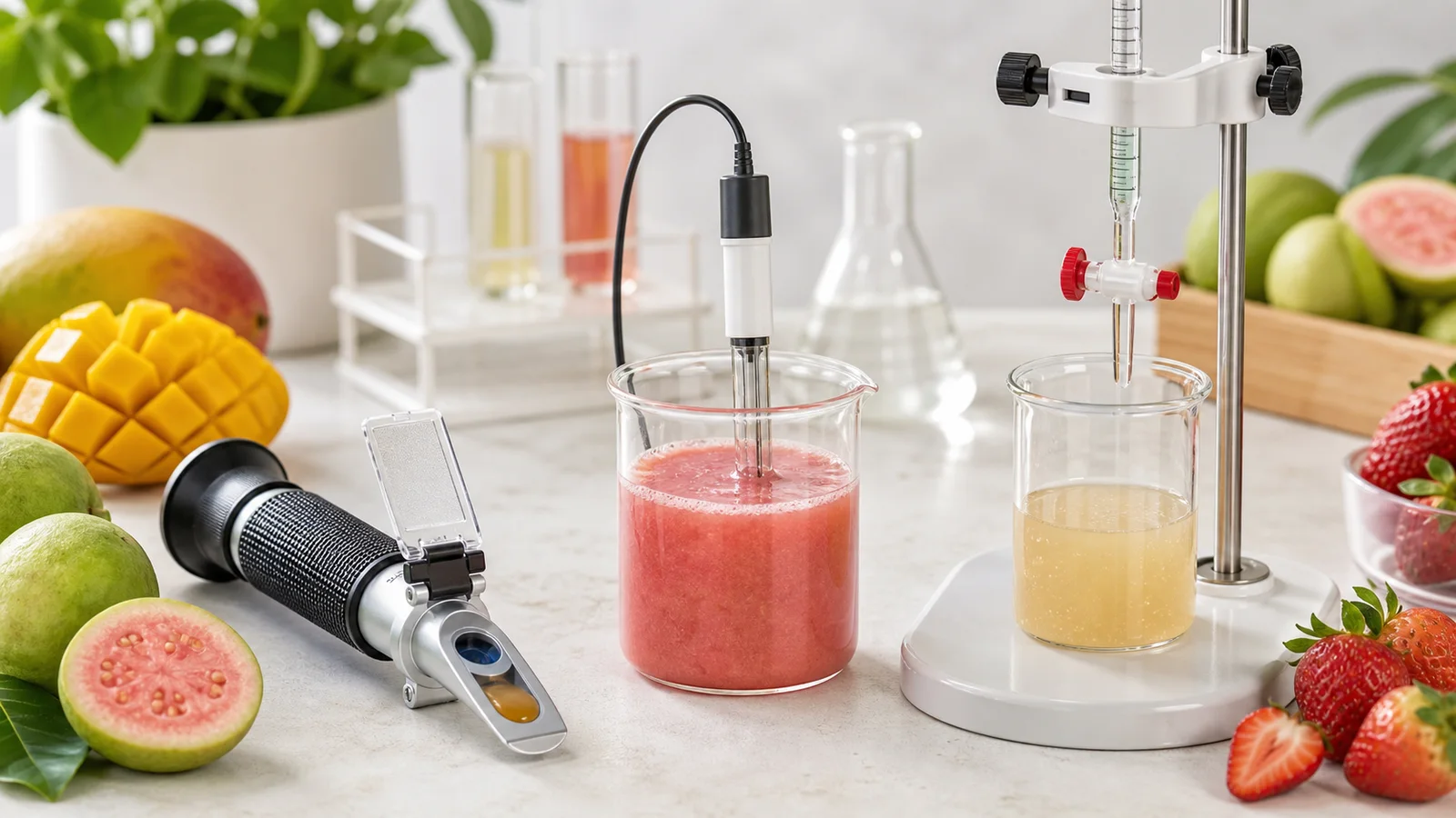 Refractometer, pH probe, dan titration setup untuk pengujian bahan buah