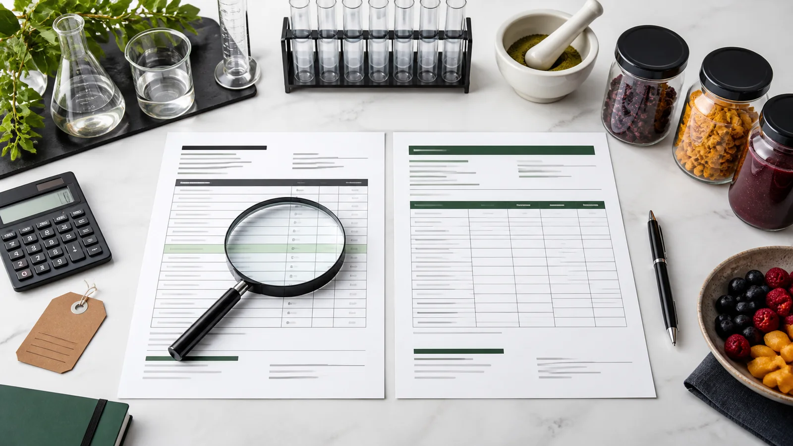 Dua dokumen specification dan COA dengan magnifying glass dan sampel bahan