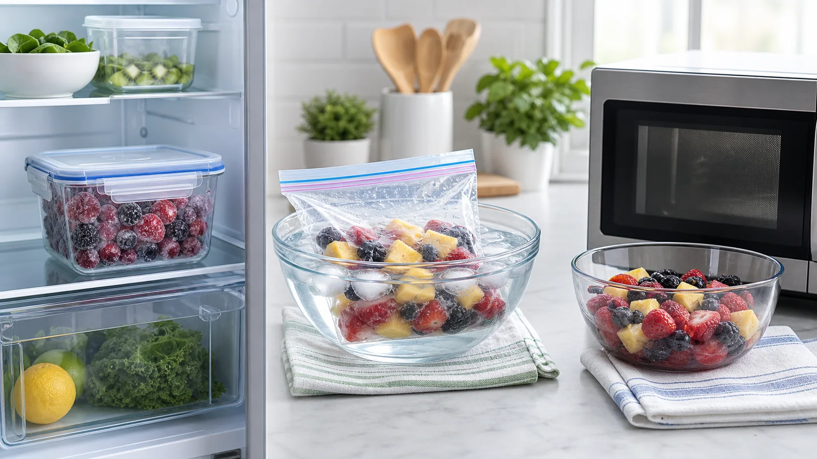 Tiga metode thawing frozen fruit dengan refrigerator, cold water, dan microwave