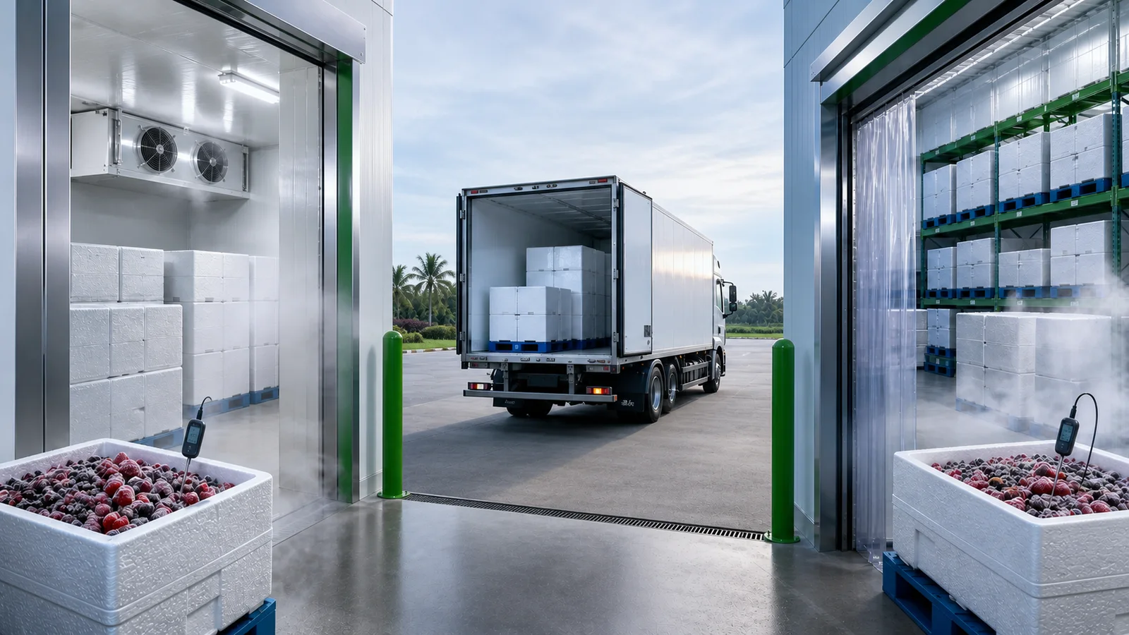 Cold storage, refrigerated truck, dan area receiving sebagai ilustrasi cold chain