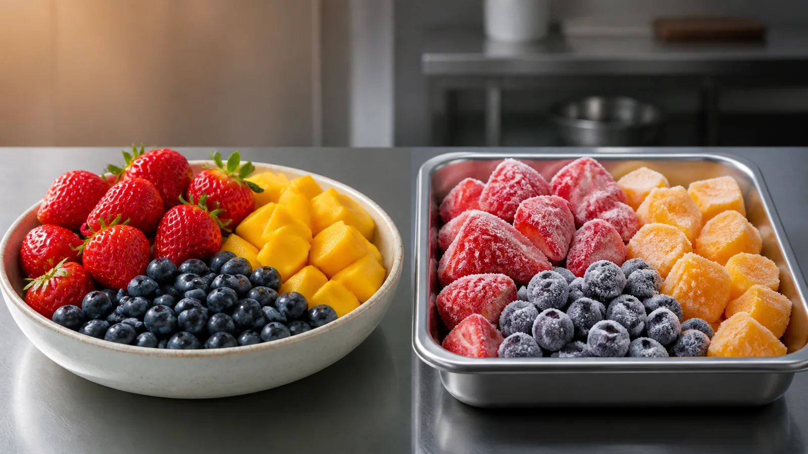 Perbandingan buah segar dan frozen fruit dalam dua container