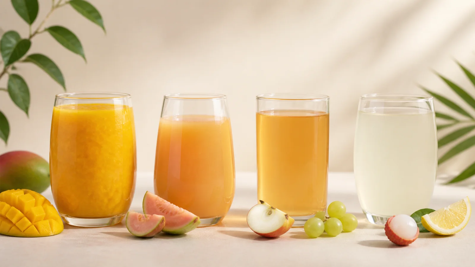 Empat gelas minuman buah dengan kejernihan dan tekstur berbeda